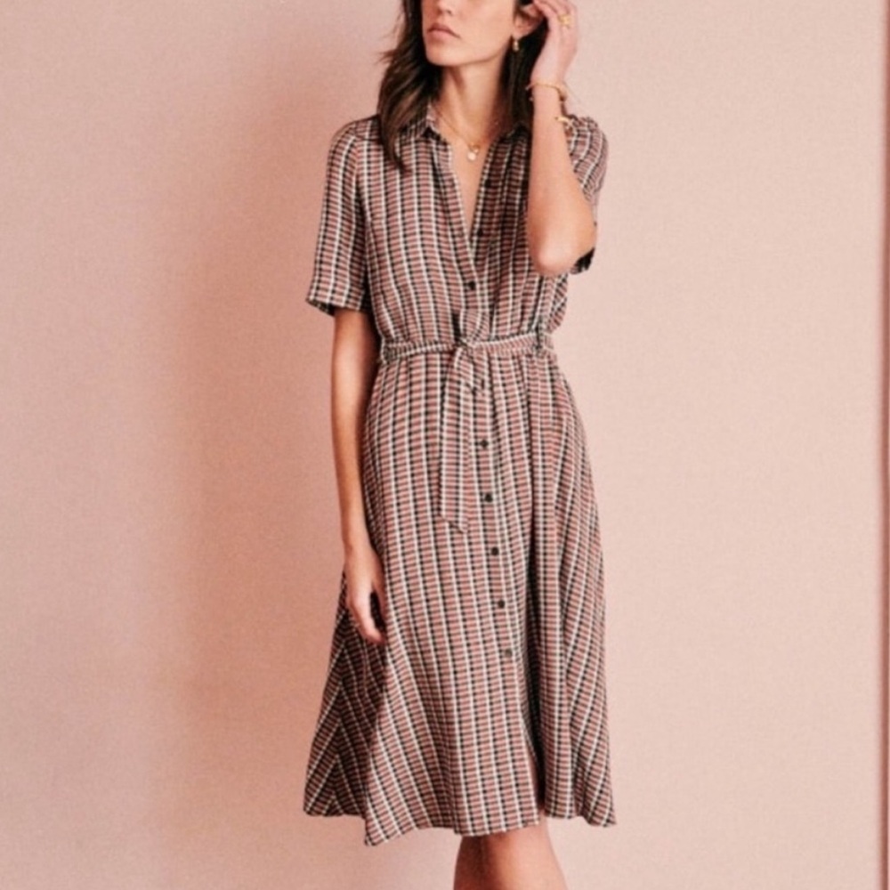Sezane Jeanne Orange & Black Plaid Shirt Dress size 34
